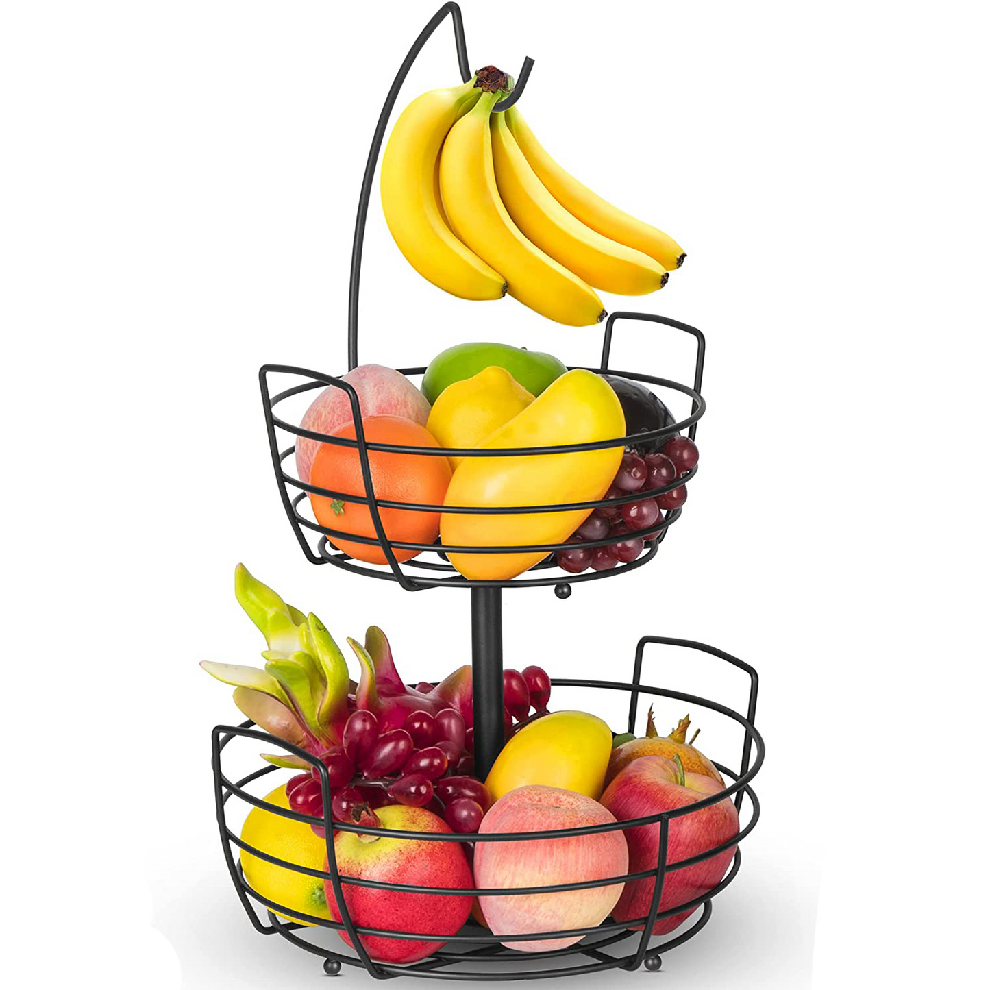 2-Tier Metal Fruit Baskets with Banana Tree, Decorative Basket for Kitchen Counter in Black