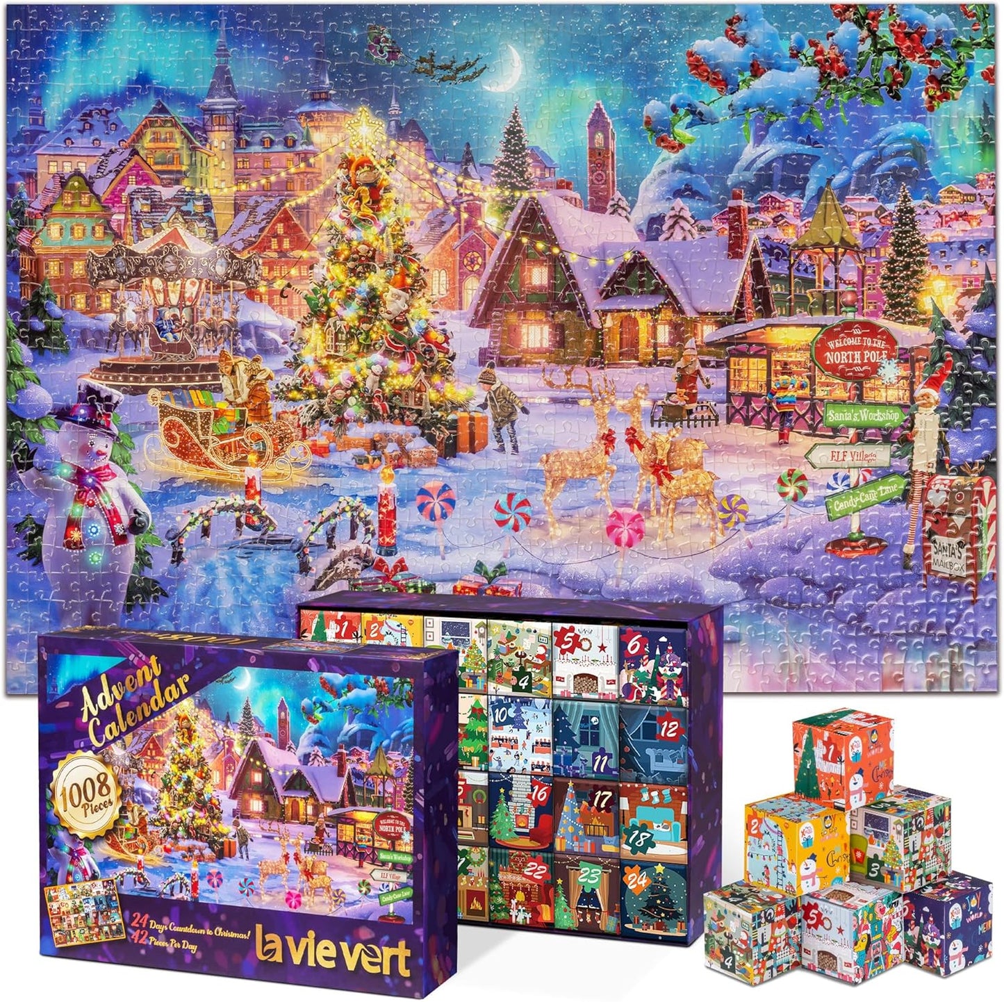 Lavievert Advent Calendar 2024 Christmas Jigsaw Puzzle, 1008 Pieces 24 Days of Countdown to Christmas Puzzle, Home Decor Family Game Holiday Presents for Adults & Kids - Snowy Christmas Eve