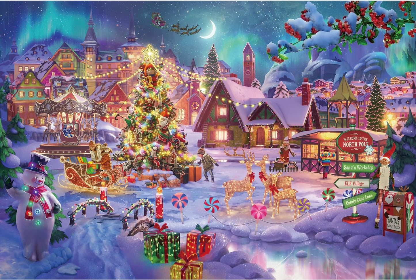 Lavievert Wooden Jigsaw Puzzle 1000 Piece Puzzle for Adults and Kids - Christmas Tree, Snowman, Milu Deer & Presents on Snowy Christmas Eve