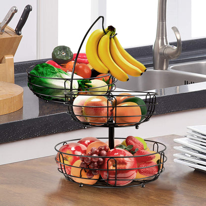 2-Tier Metal Fruit Basket with Detachable Banana Hanger for Kitchen Counter, Black