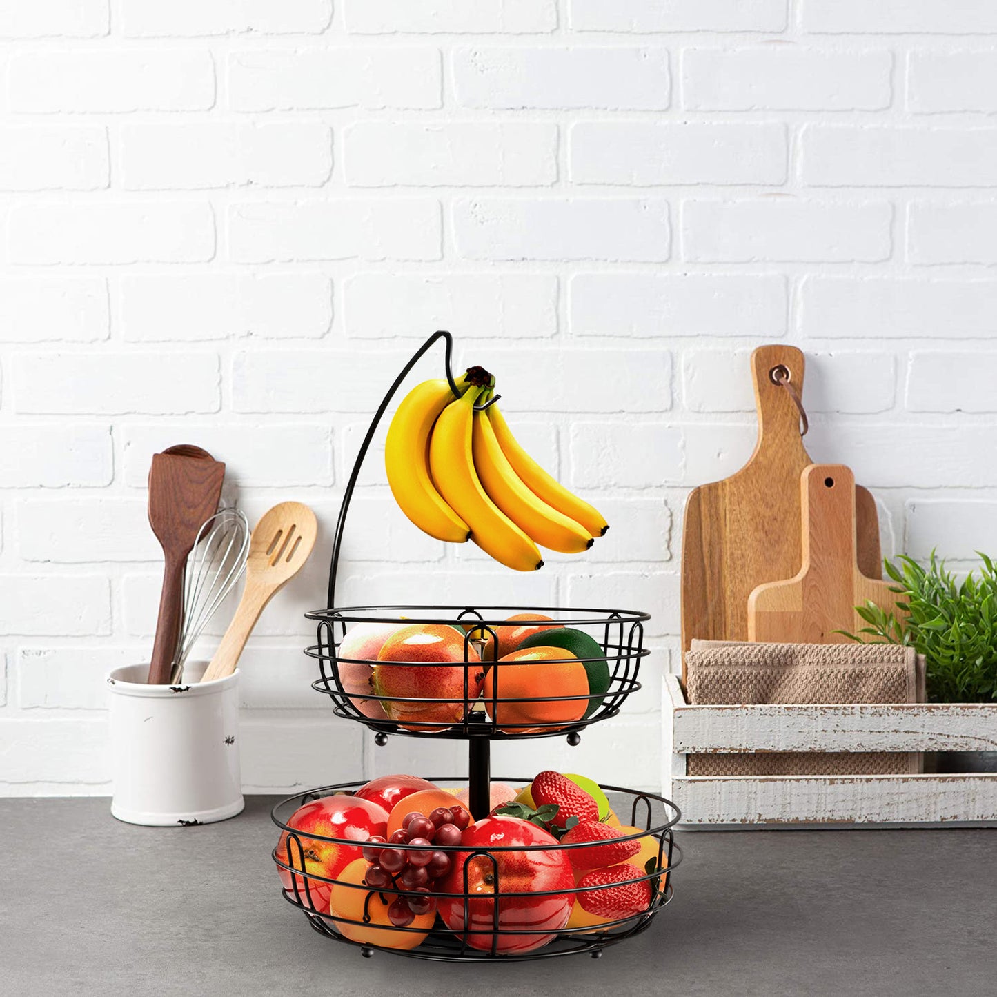 2-Tier Metal Fruit Basket with Detachable Banana Hanger for Kitchen Counter, Black