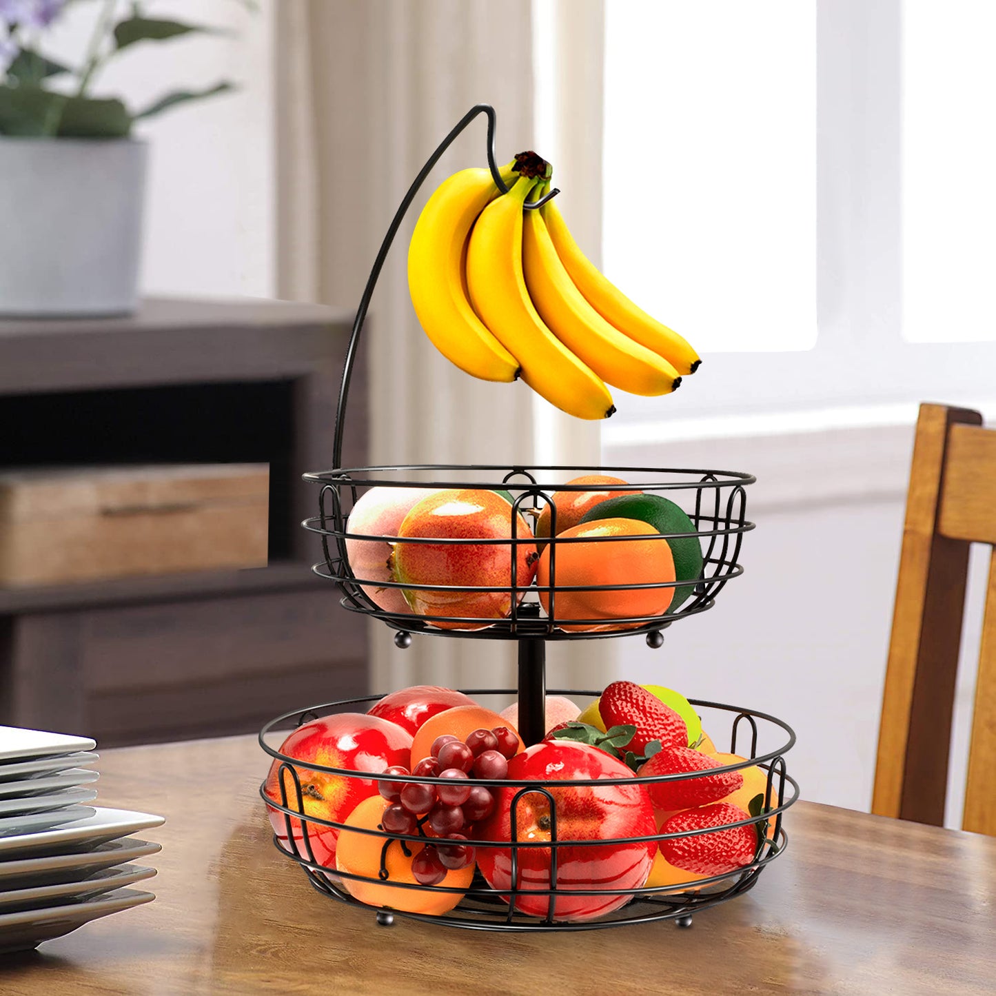 2-Tier Metal Fruit Basket with Detachable Banana Hanger for Kitchen Counter, Black