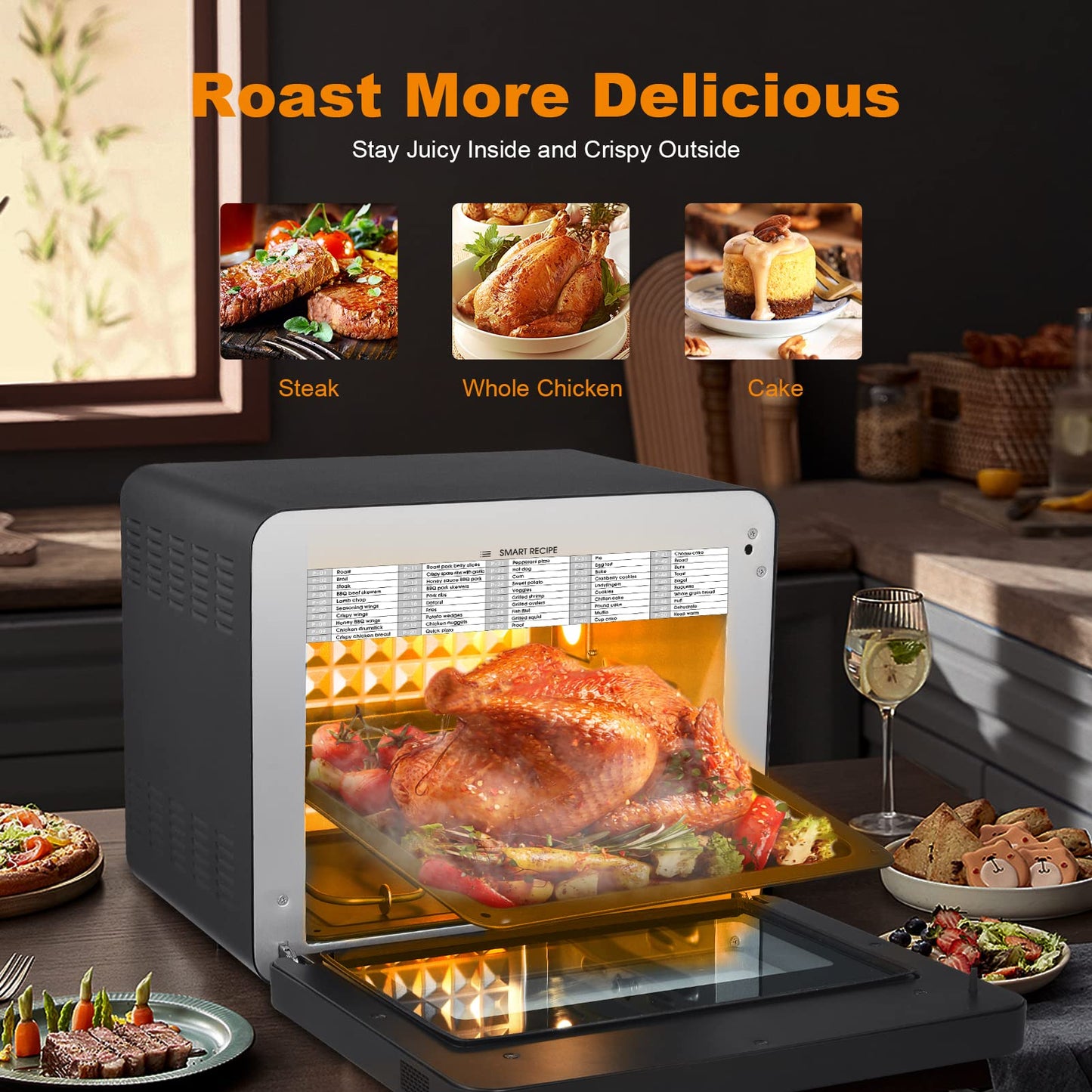 26QT Air Fryer Toaster Oven, Steam Countertop Oven, 50 Cooking Presets, with 6 Slice Toast, 12" Pizza, Black Stainless Steel