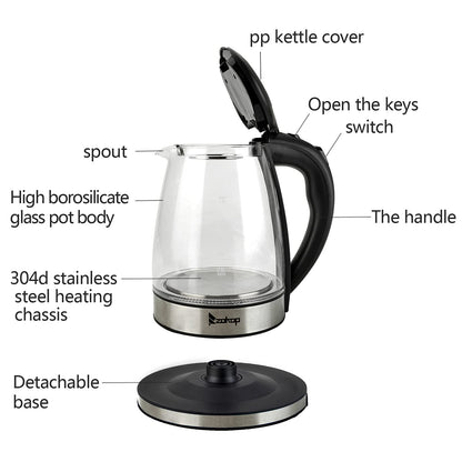 1.8L Electric Kettle Glass, 7 Colors LED light Electric Tea Kettle, Pour Over Hot Water Kettle with Removable Mesh Basket