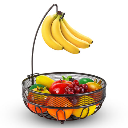 Auledio Fruit Basket Bowl with Banana Tree Hanger for Kitchen Counter, Bronze