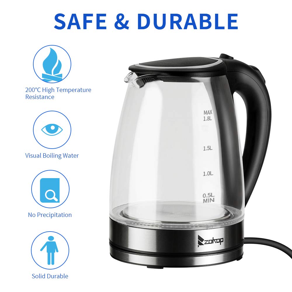 Glass Electric Kettle, 1.8 Liter Cordless with LED Light, Glass Tea Kettle & Hot Water Boiler,Auto Shut-Off and Boil-Dry Protection