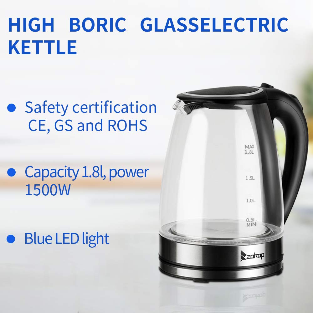 Glass Electric Kettle, 1.8 Liter Cordless with LED Light, Glass Tea Kettle & Hot Water Boiler,Auto Shut-Off and Boil-Dry Protection