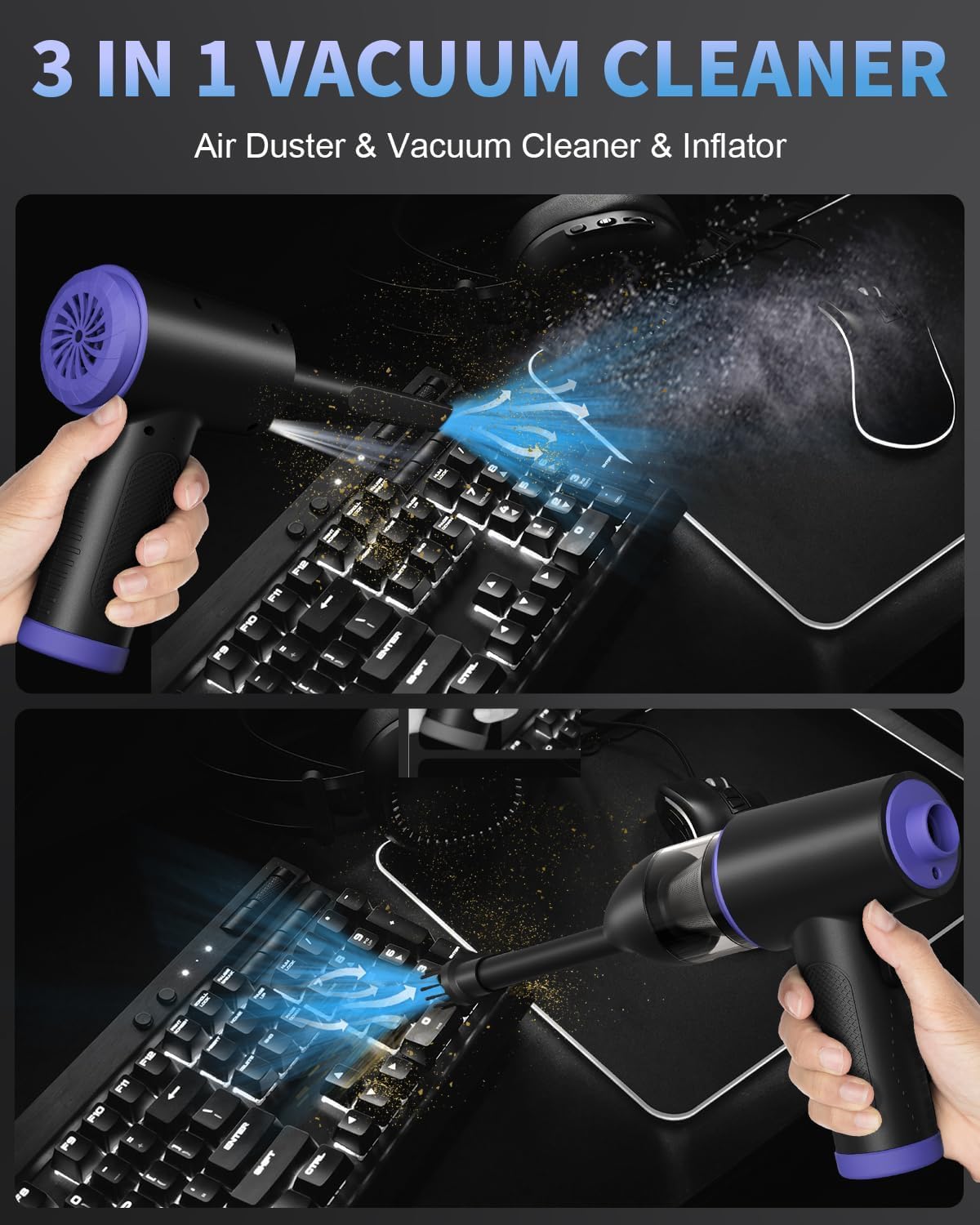 Compressed Air Duster Cleaner, 3-Speed Compressed Air Cleaner for PC with LED Light, Rechargeable Cordless Air Blower for Laptop, Keyboard, Replaces Compressed Air Can