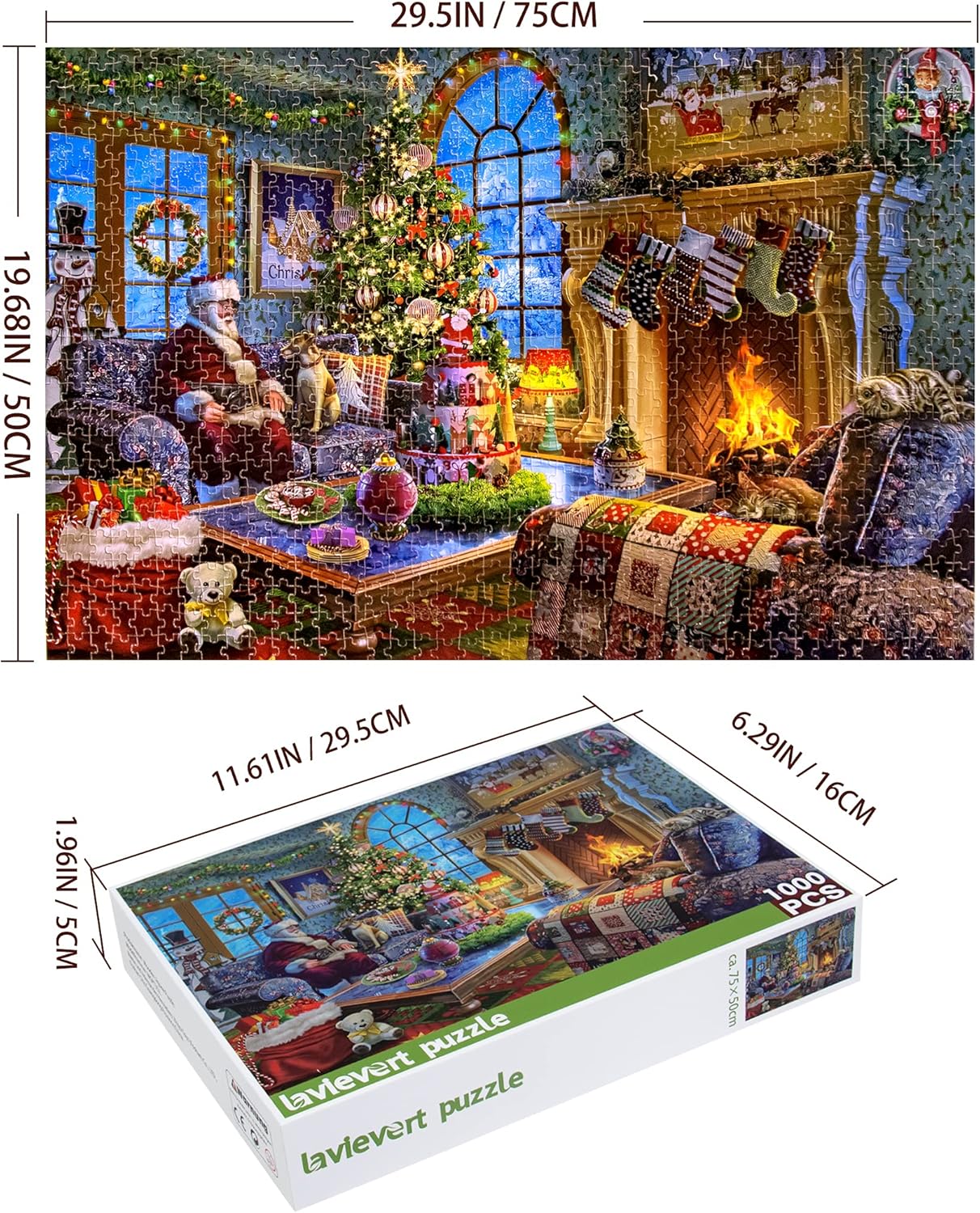 Lavievert Wooden Jigsaw Puzzle 1000 Piece Puzzle for Adults and Kids - Santa Claus, Fireplace, Christmas Tree & Warm Christmas