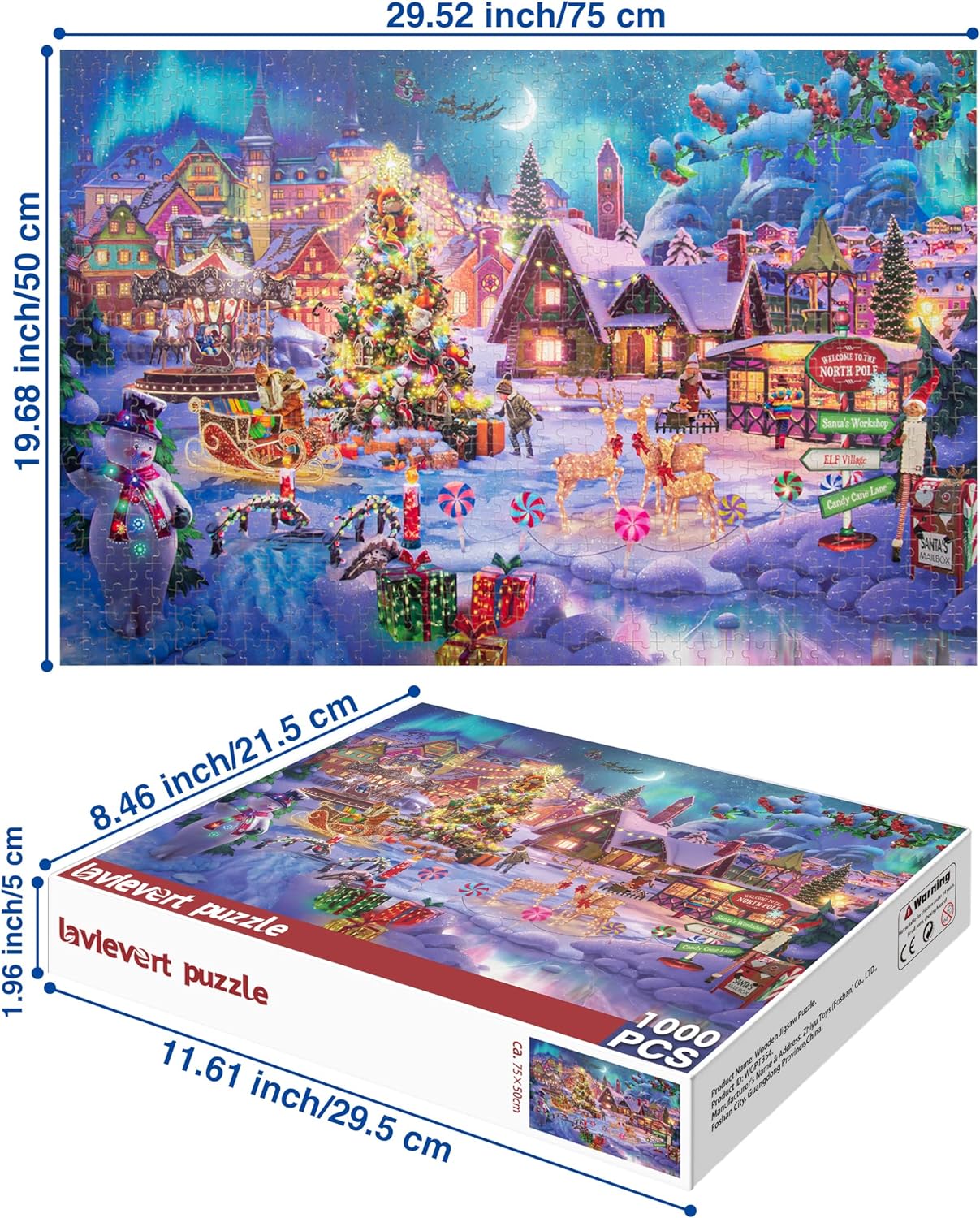 Lavievert Wooden Jigsaw Puzzle 1000 Piece Puzzle for Adults and Kids - Christmas Tree, Snowman, Milu Deer & Presents on Snowy Christmas Eve