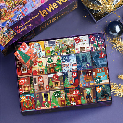 Lavievert Advent Calendar 2024 Christmas Jigsaw Puzzle, 1008 Pieces 24 Days of Countdown to Christmas Puzzle, Home Decor Family Game Holiday Presents for Adults & Kids - Snowy Christmas Eve