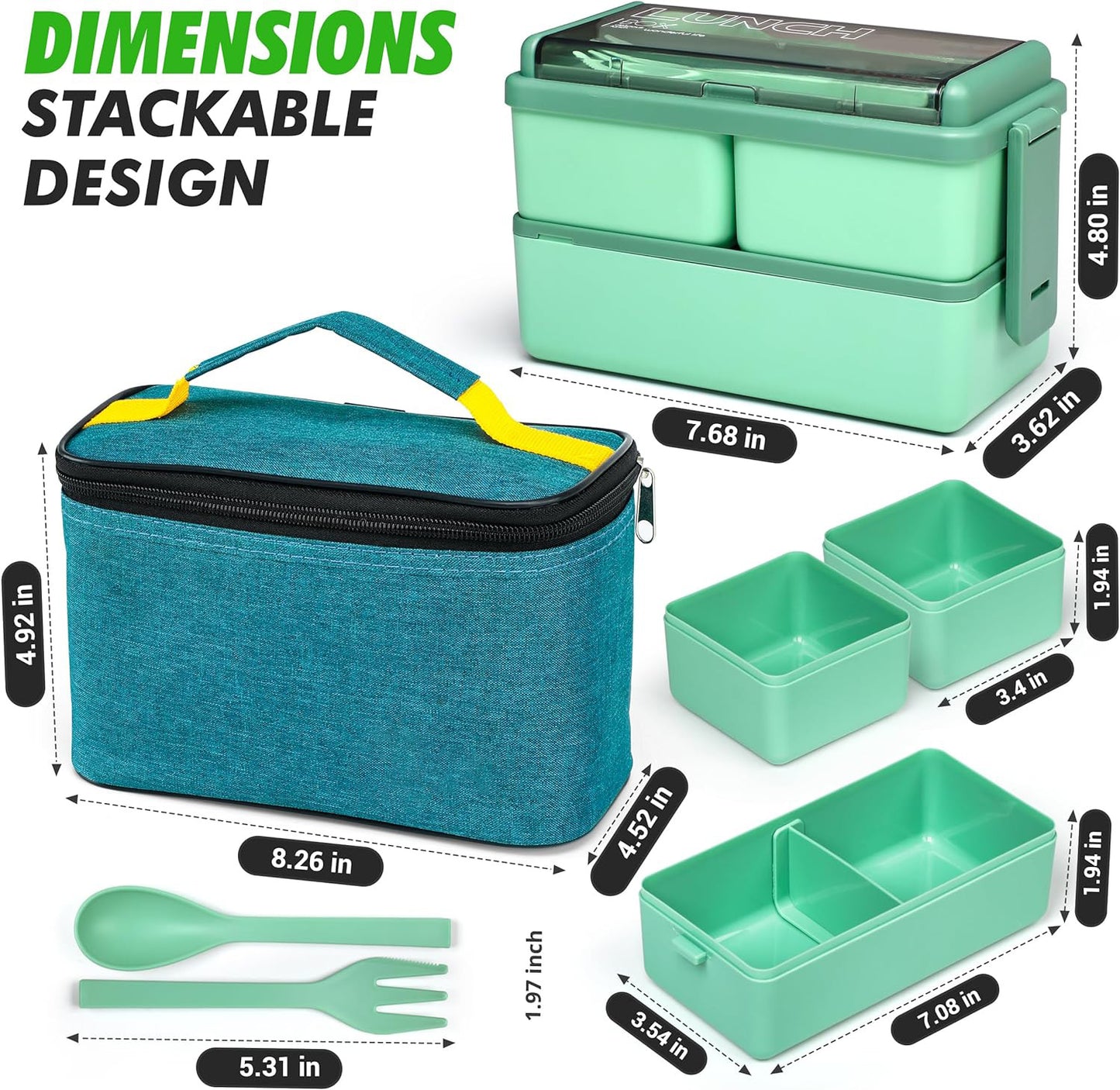 Green 1400ml Stackable Bento Lunch Box Set with Insulated Bag & Cutlery - Leak Proof, Microwavable, 3-Compartment Design for Adults, Kids, and Office Use