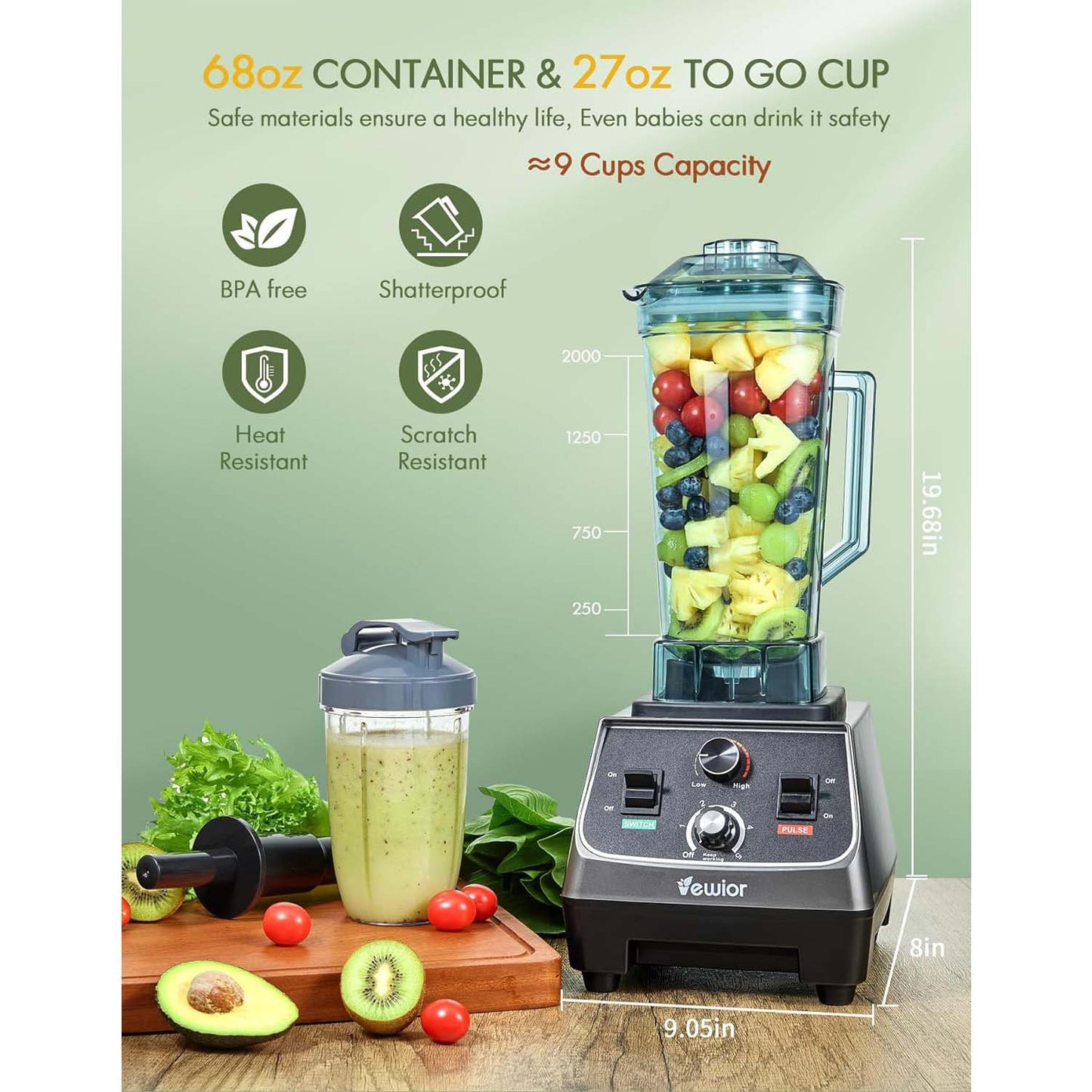 Blenders for Kitchen, 2200W Professional Blender with 68oz Tritan Container & 27oz To-Go Cup, Countertop Blender for Shakes and Smoothies