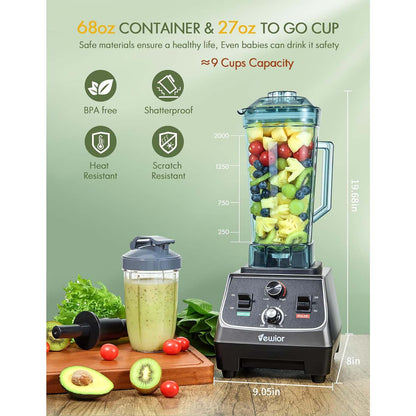 Blenders for Kitchen, 2200W Professional Blender with 68oz Tritan Container & 27oz To-Go Cup, Countertop Blender for Shakes and Smoothies