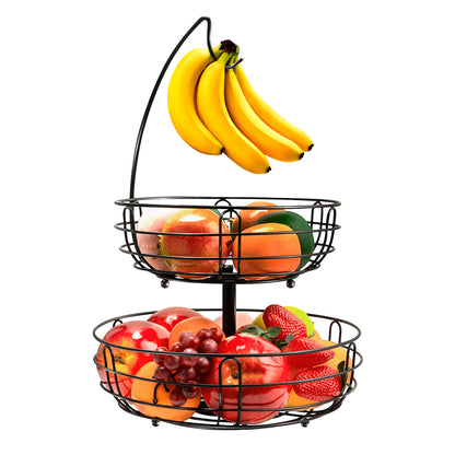 2-Tier Metal Fruit Basket with Detachable Banana Hanger for Kitchen Counter, Black