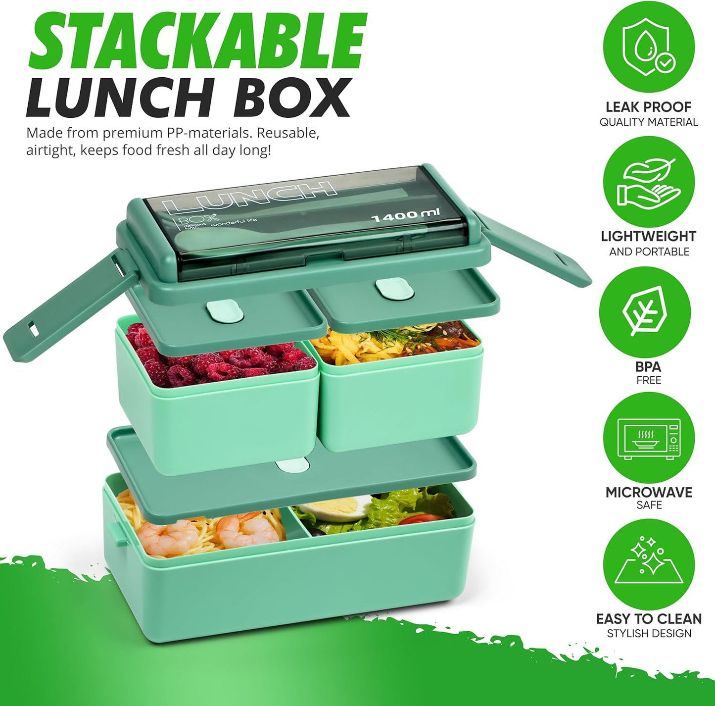 Green 1400ml Stackable Bento Lunch Box Set with Insulated Bag & Cutlery - Leak Proof, Microwavable, 3-Compartment Design for Adults, Kids, and Office Use