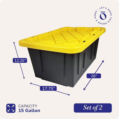 15-Gallon Storage Tote with Flip Lid, Heavy-Duty Storage Bin with Snap-on Lid, Black and Yellow, 2 Pack