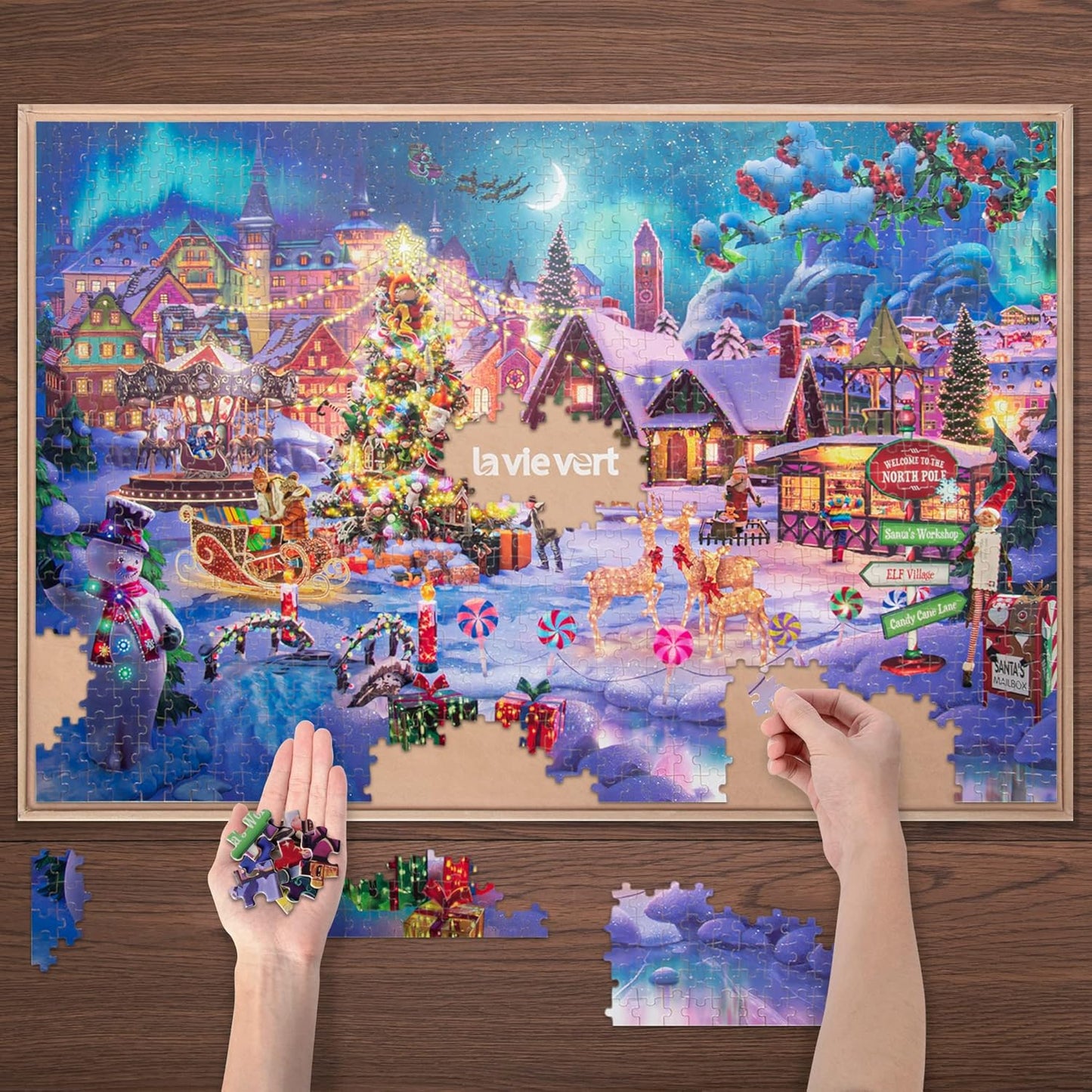 Lavievert Wooden Jigsaw Puzzle 1000 Piece Puzzle for Adults and Kids - Christmas Tree, Snowman, Milu Deer & Presents on Snowy Christmas Eve