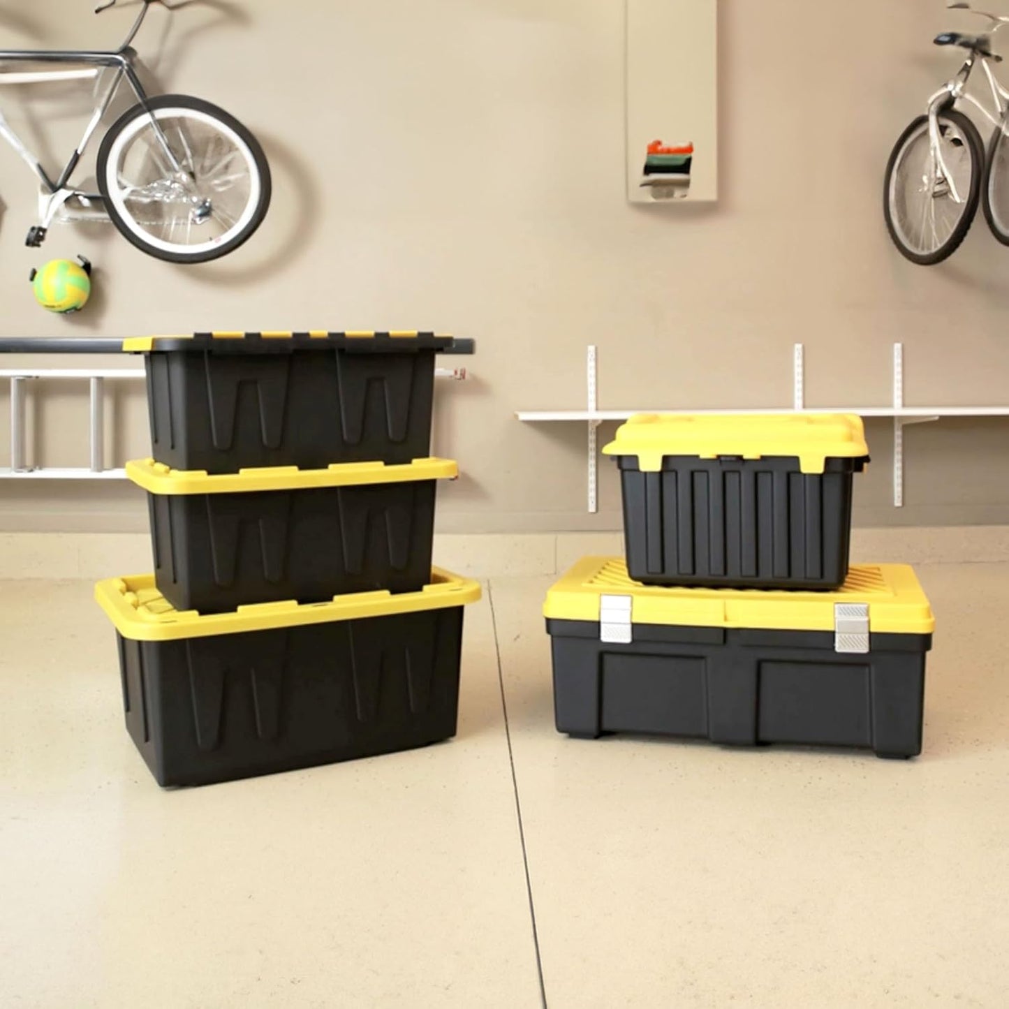 15-Gallon Storage Tote with Flip Lid, Heavy-Duty Storage Bin with Snap-on Lid, Black and Yellow, 2 Pack