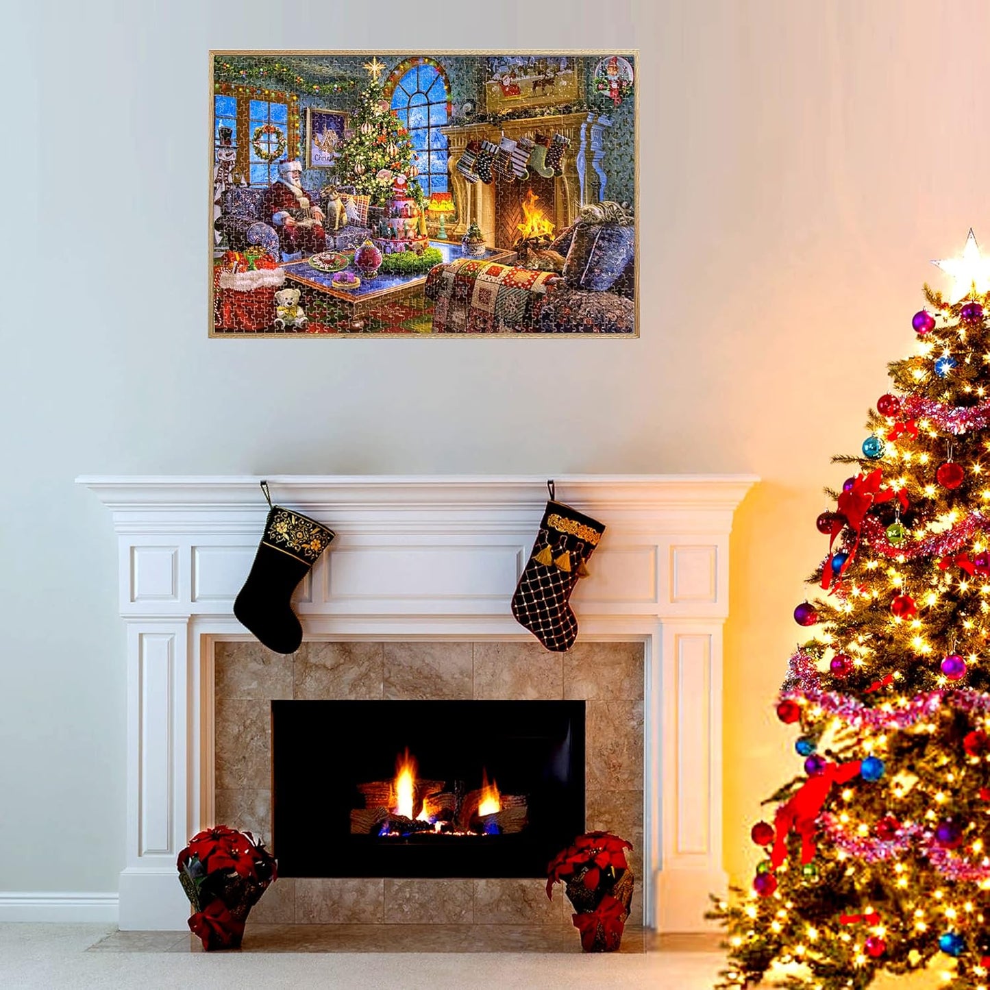 Lavievert Wooden Jigsaw Puzzle 1000 Piece Puzzle for Adults and Kids - Santa Claus, Fireplace, Christmas Tree & Warm Christmas