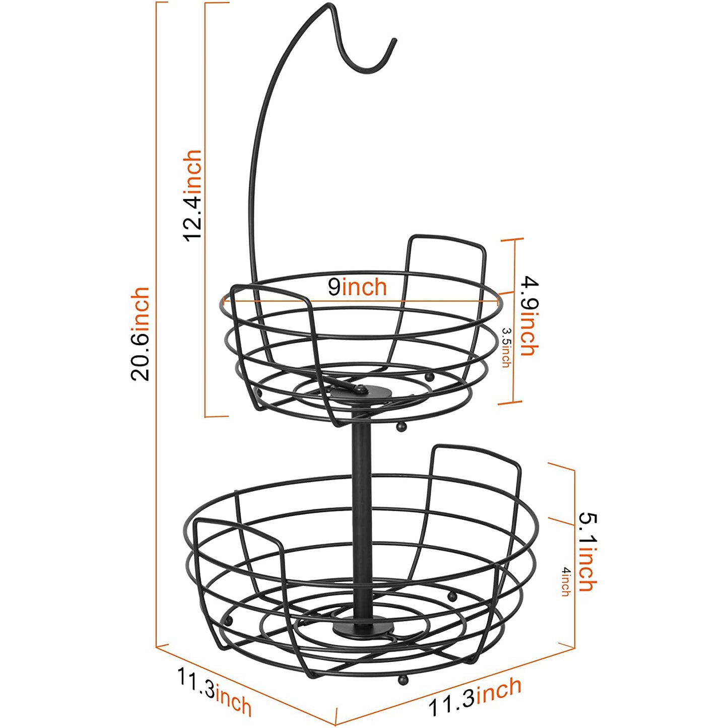 2-Tier Metal Fruit Baskets with Banana Tree, Decorative Basket for Kitchen Counter in Black