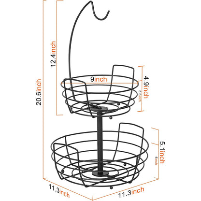 2-Tier Metal Fruit Baskets with Banana Tree, Decorative Basket for Kitchen Counter in Black