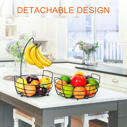 2-Tier Metal Fruit Baskets with Banana Tree, Decorative Basket for Kitchen Counter in Black