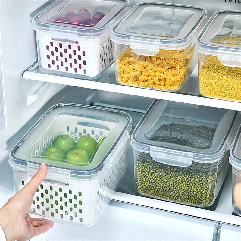 Refrigerator Preservation Box Transparent Double-layer Large Capacity Sealed Box Vegetable and Fruit Food Grade Drain Box