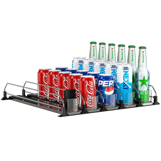 Soda Can Dispenser for Refrigerator,Self-Pushing Drink Organizer for Fridge, Width Adjustable, 15.1"D (5 Row, Black)