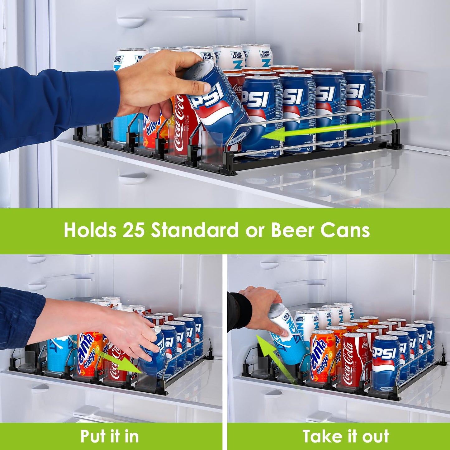 Soda Can Dispenser for Refrigerator,Self-Pushing Drink Organizer for Fridge, Width Adjustable, 15.1"D (5 Row, Black)