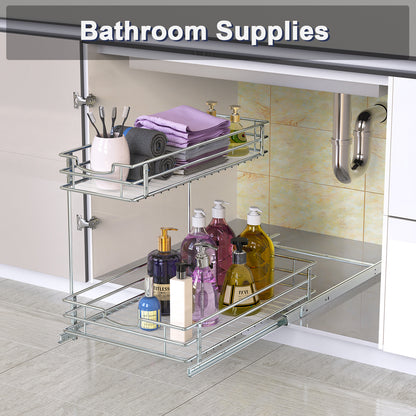 Under Sink Organizer and Storage, Auledio Under the Sink Organizer Pull Out Cabinet Organizer, 2 Tier Under Cabinet Storage Chrome Cabinet Pull Out Shelves for Kitchen, Bathroom