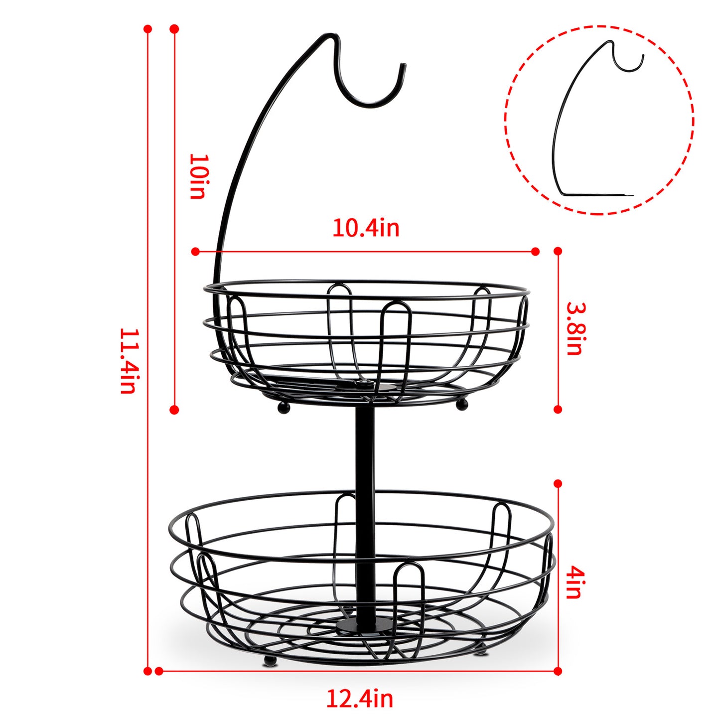 2-Tier Metal Fruit Basket with Detachable Banana Hanger for Kitchen Counter, Black