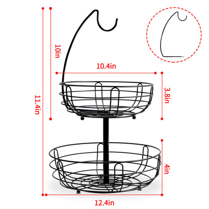 2-Tier Metal Fruit Basket with Detachable Banana Hanger for Kitchen Counter, Black