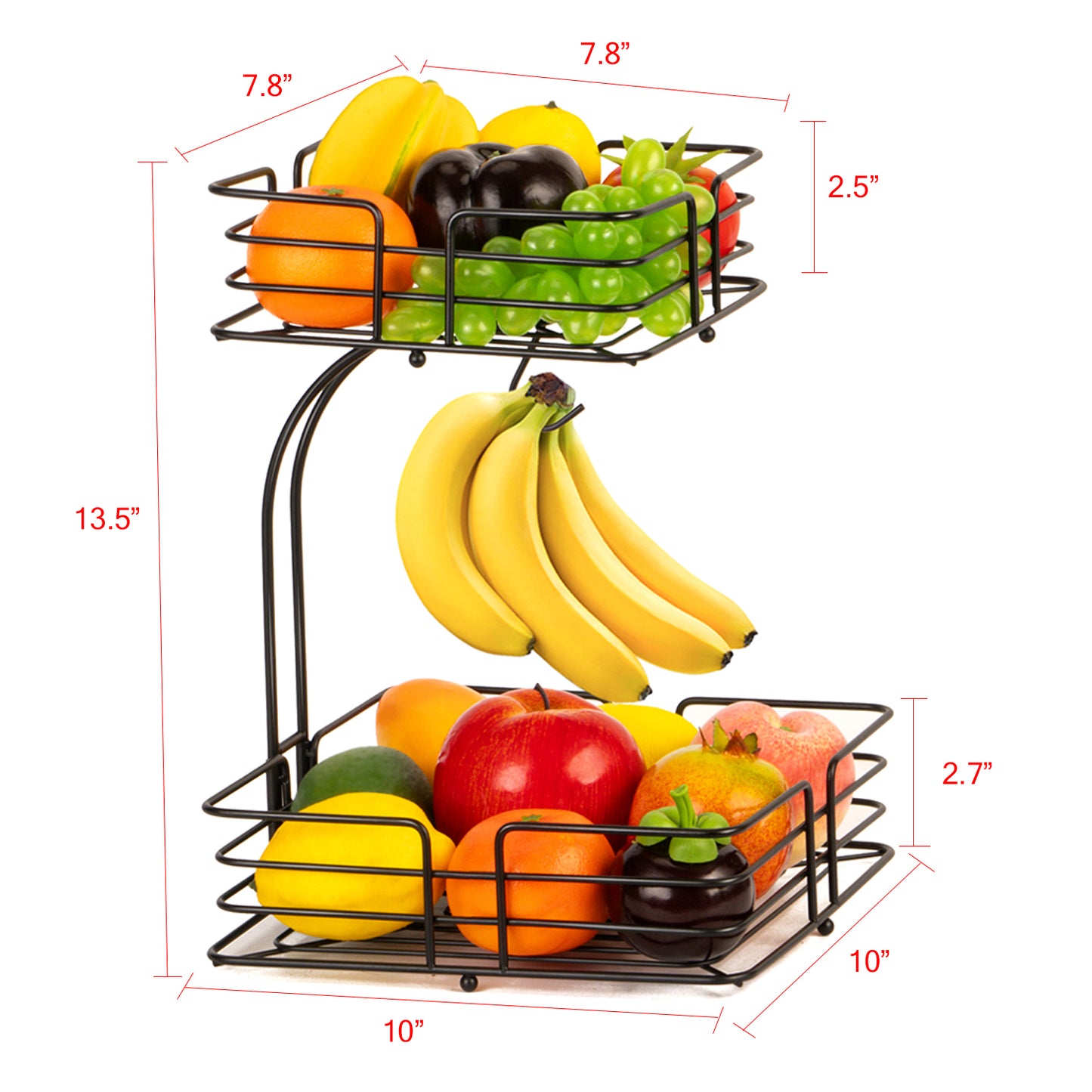 Auledio 2-Tier Square Countertop Fruit Vegetables Basket Bowl Storage With Banana Hanger, Black