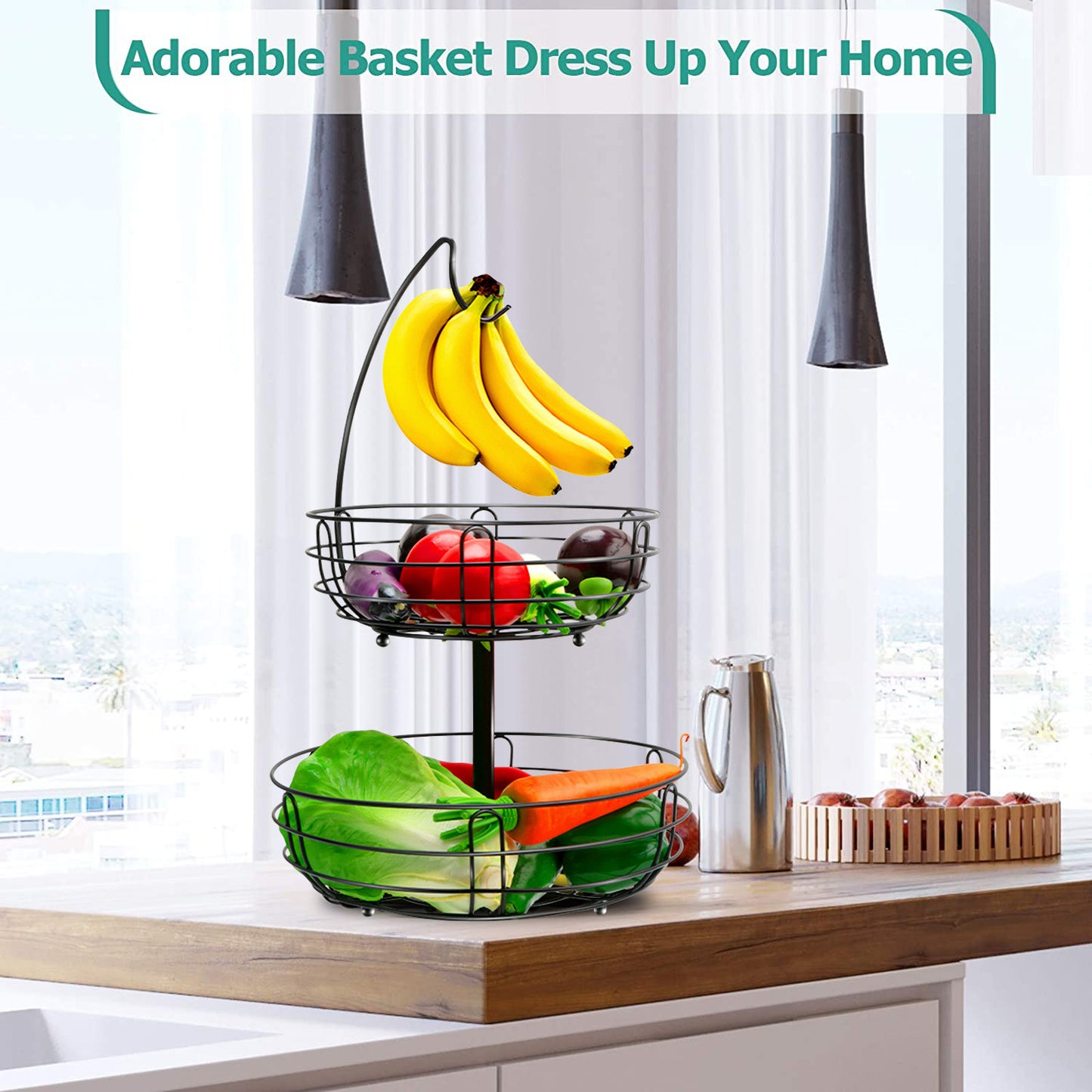 2-Tier Metal Fruit Basket with Detachable Banana Hanger for Kitchen Counter, Black