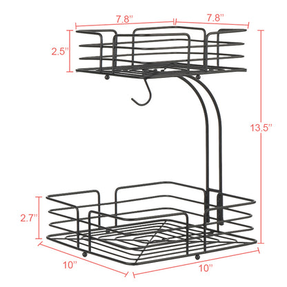 Auledio 2-Tier Square Countertop Fruit Vegetables Basket Bowl Storage With Banana Hanger, Black