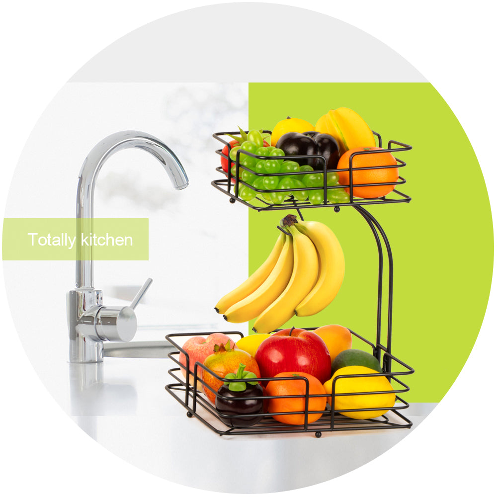 Auledio 2-Tier Square Countertop Fruit Vegetables Basket Bowl Storage With Banana Hanger, Black