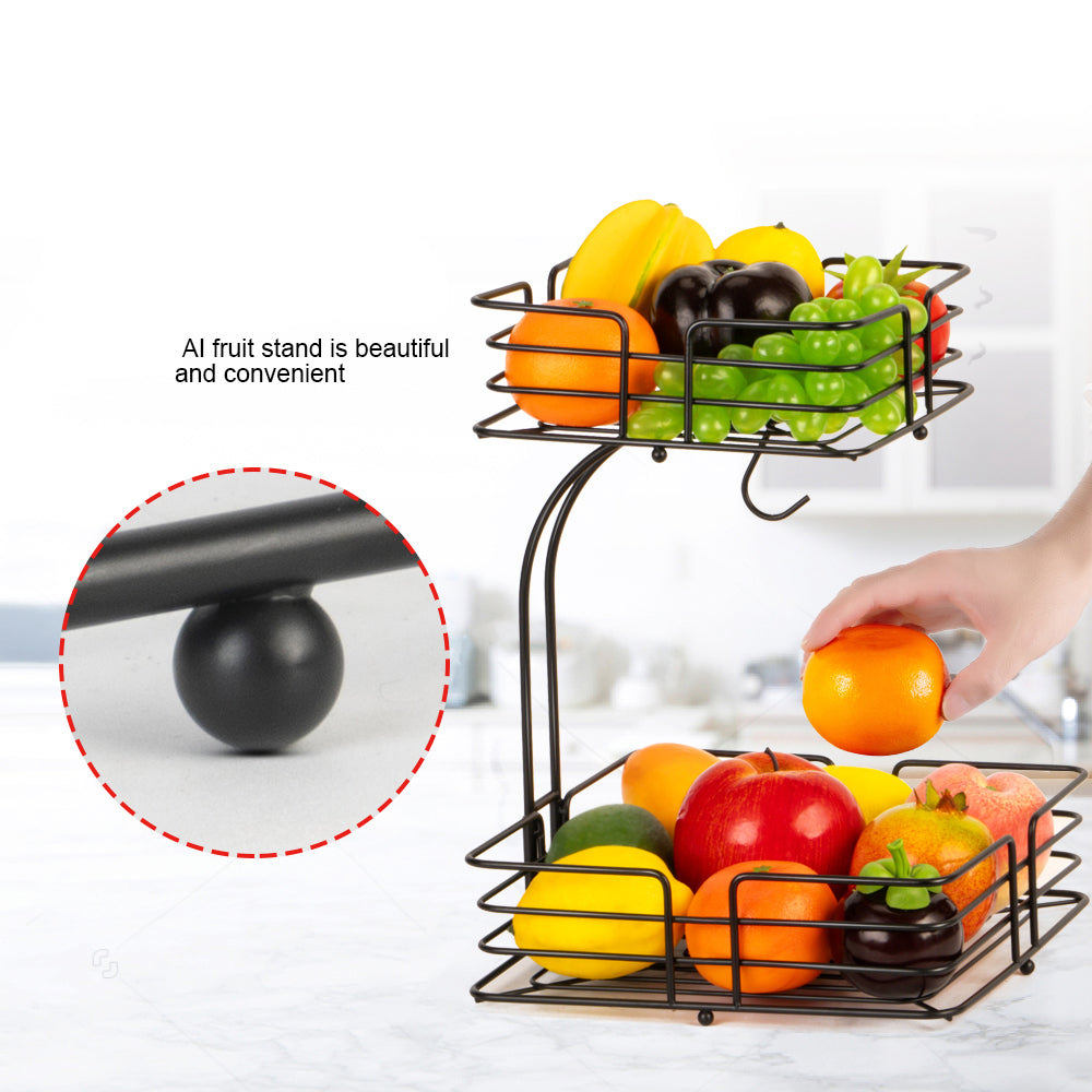 Auledio 2-Tier Square Countertop Fruit Vegetables Basket Bowl Storage With Banana Hanger, Black