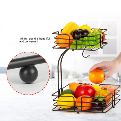 Auledio 2-Tier Square Countertop Fruit Vegetables Basket Bowl Storage With Banana Hanger, Black