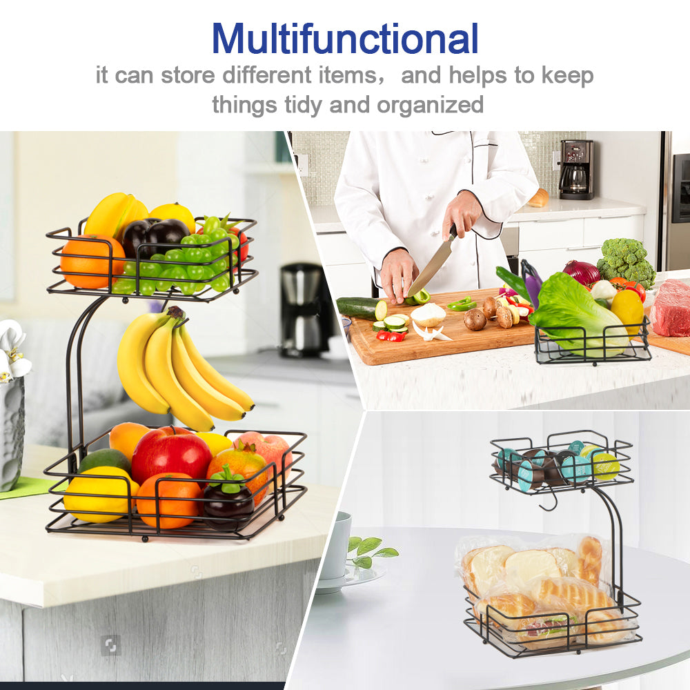 Auledio 2-Tier Square Countertop Fruit Vegetables Basket Bowl Storage With Banana Hanger, Black