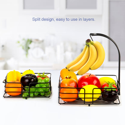 Auledio 2-Tier Square Countertop Fruit Vegetables Basket Bowl Storage With Banana Hanger, Black