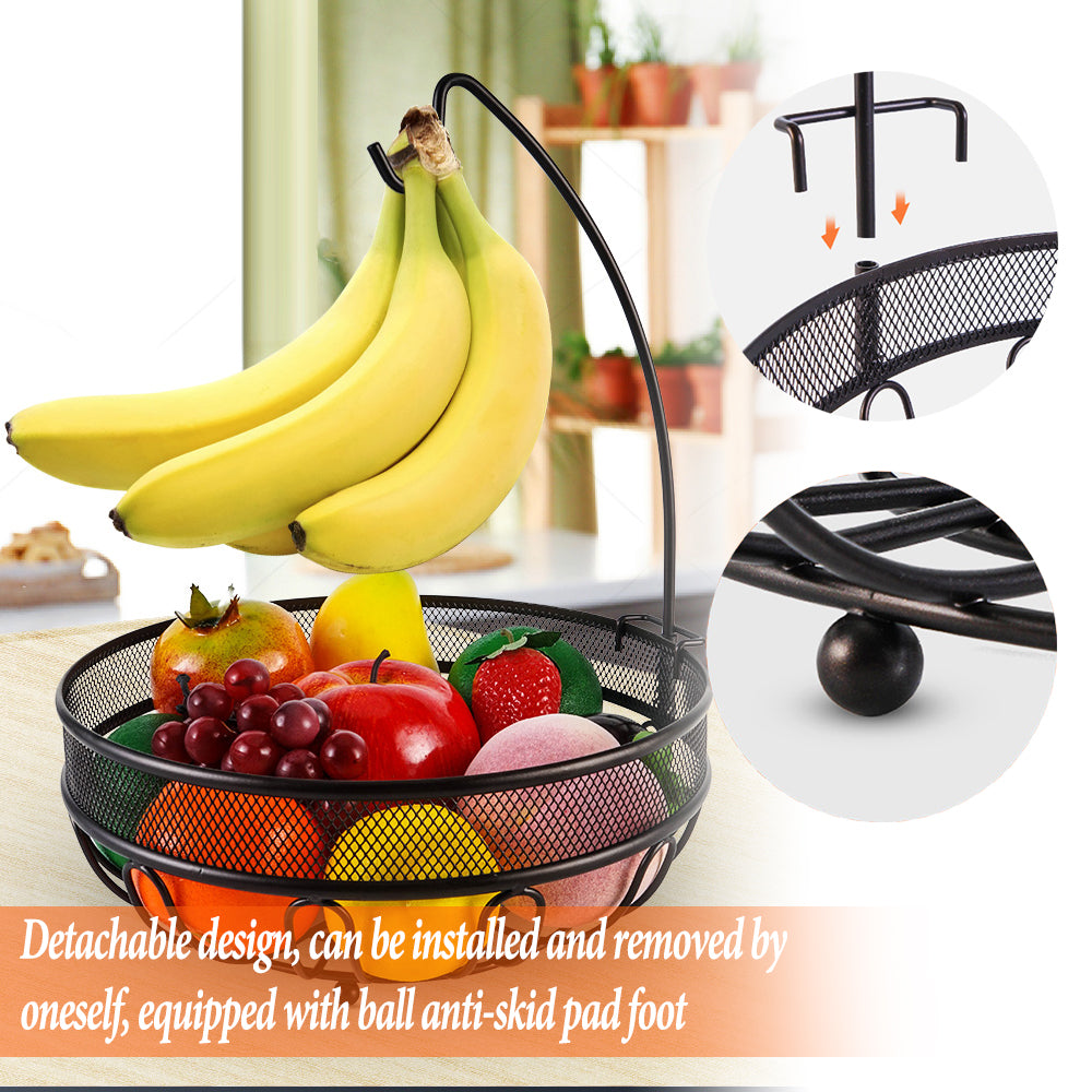 Auledio Fruit Basket Bowl with Banana Tree Hanger for Kitchen Counter, Bronze