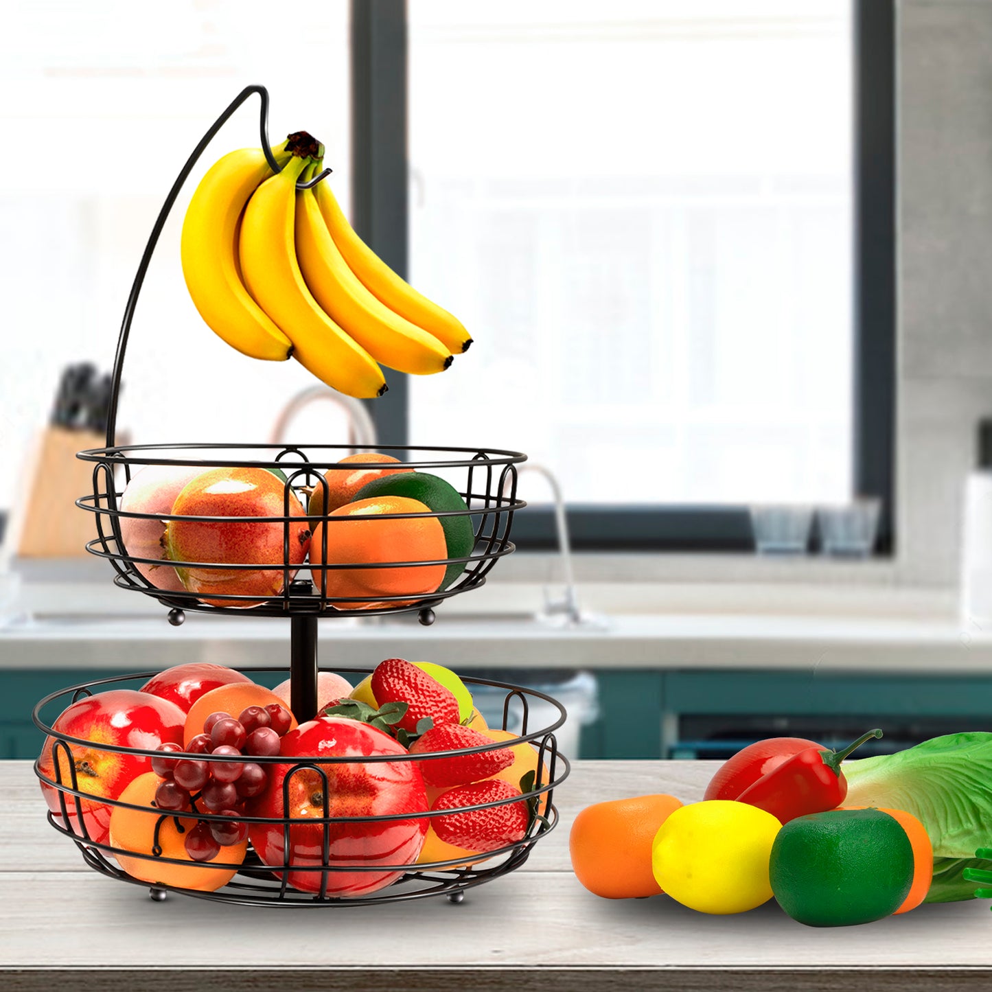 2-Tier Metal Fruit Basket with Detachable Banana Hanger for Kitchen Counter, Black