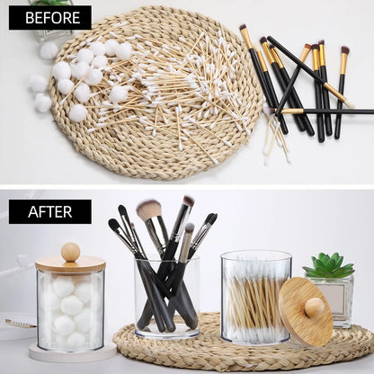 Tray Cotton Swab Storage Holder Dispenser with Bamboo Lids Clear Acrylic Bathroom Jars Makeup Organizer Cotton Round Pad Holder