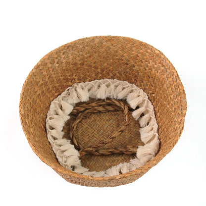 Tassel Macrame Woven Seagrass Belly Basket for Storage, Decoration, Laundry, Picnic, Plant Basin Cover, Groceries and Toy Storag