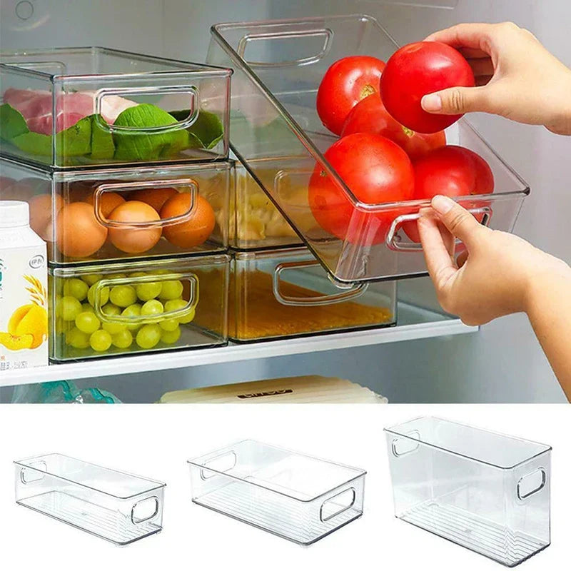 1pc Refrigerator Organizer Bins Stackable Fridge Food Storage Box With Handle Clear Plastic Pantry Food Freezer Organizer Tool