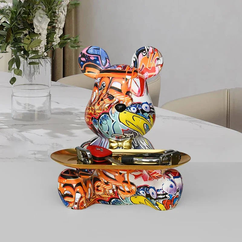 Graffiti Bear Money Bank Figurine Home Decoration Animal Statue Keys Storage Shelf Modern Room Sculpture Table Decor Statues