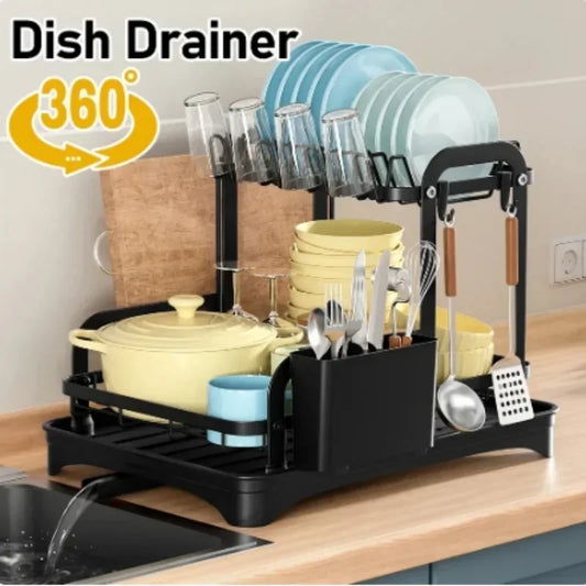 2 Tier Dish Drying Rack with Drip Tray Kitchen Sink Organizer Chopstick Holder Cutting Board Holder 360-Degree Retractable Drain