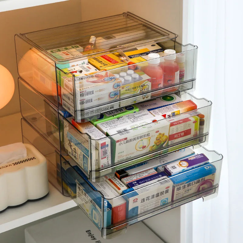 Large capacity transparent medicine box drawer storage box medicine storage cabinet home stackable storage rack