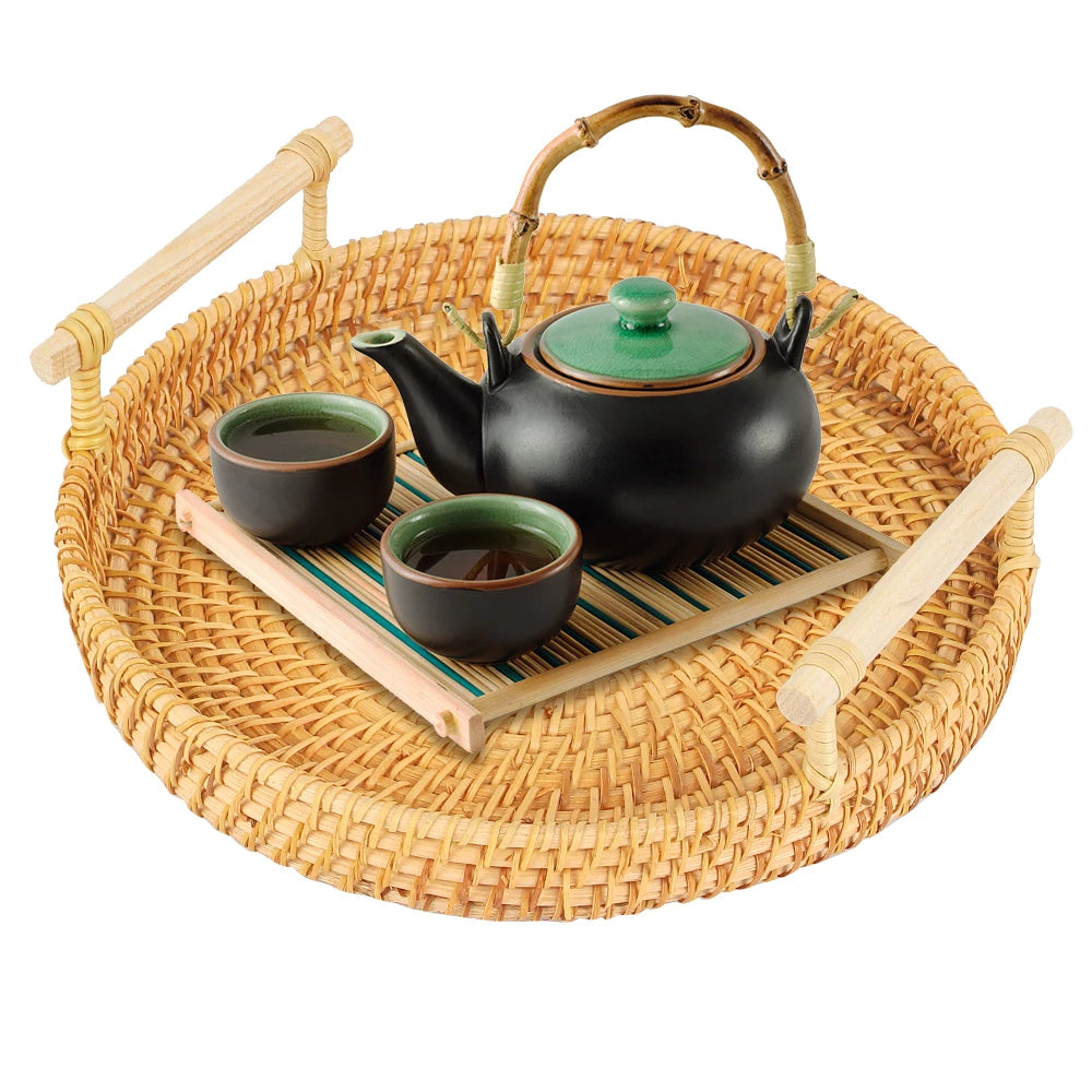 Dinner Serving Tray Breakfast Bread Food Plate Handwoven Rattan Storage Tray Round Shape Fruit Cake Wicker Basket With Handle